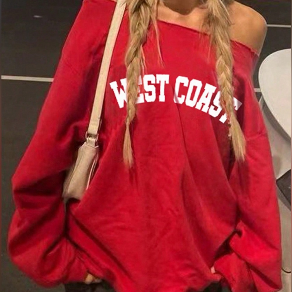 Red Open Shoulder Casual Long Sleeve Sweatshirt